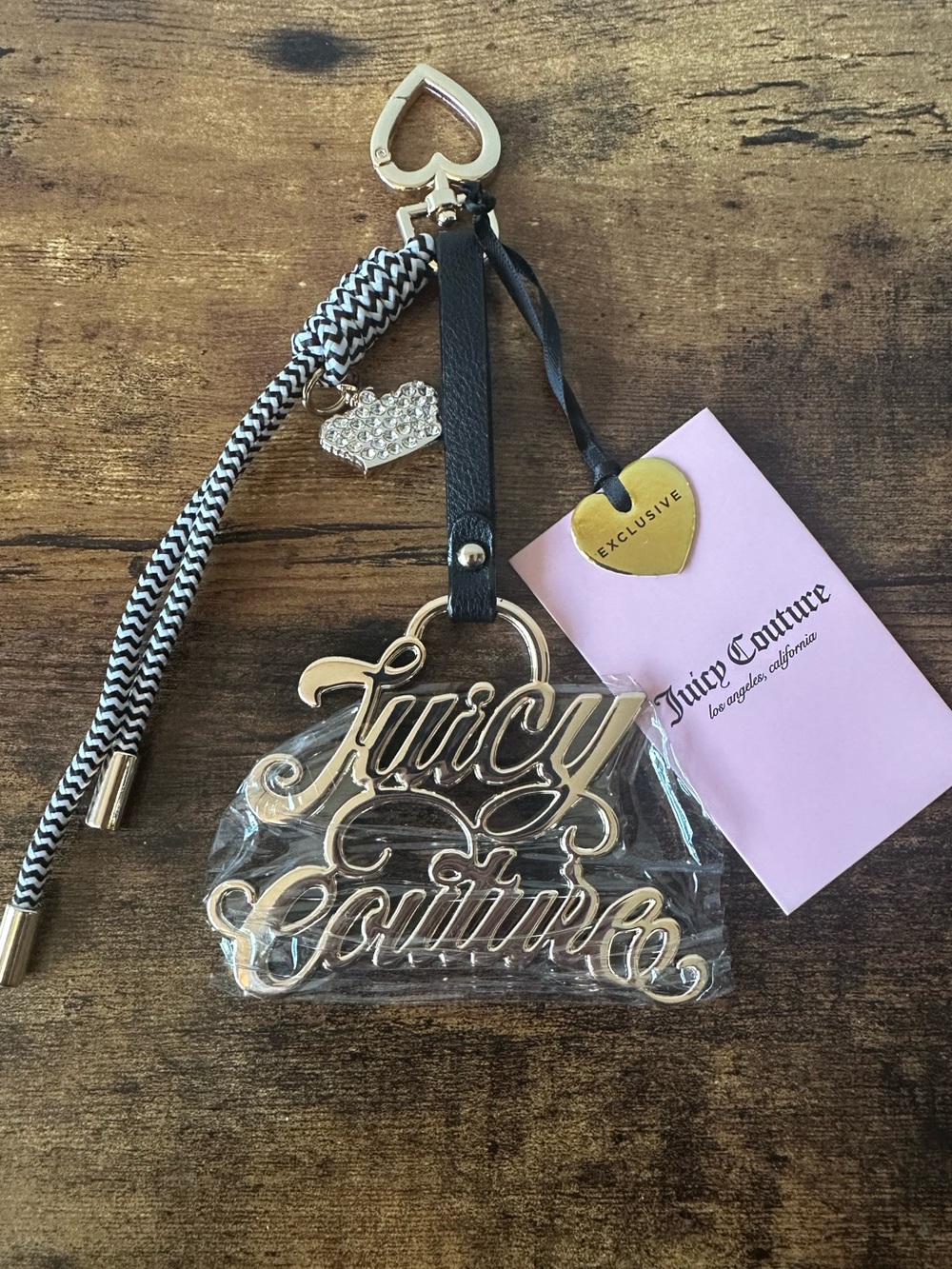 Juicy Couture XL Gold & Black Bag Charm Keychain w Gold Logo, Crown, Tassel NWT